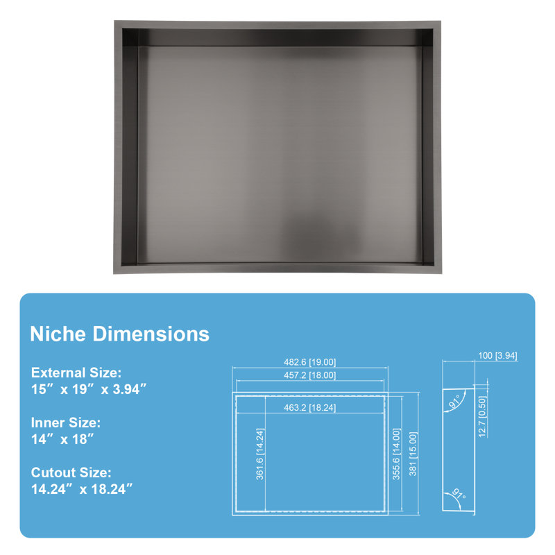 Niche de mur de douche en acier inoxydable Latitude Run® - placage nano titane noir, H 14 po x l 18 po x P 3,94 po