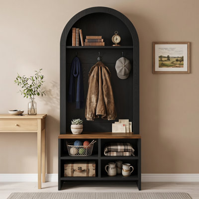 Arched Hall Tree with Bench & Shoe Storage, 70.87" 4-in-1 Entryway Coat Rack with 4 Hooks & Open Storage Compartments, Organizer for Mudroom, Hallway & Bedroom, Brown