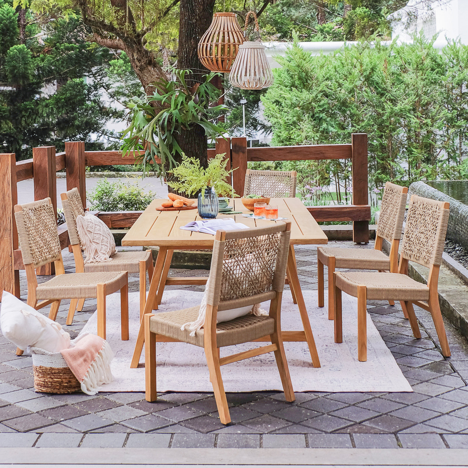 Seras 90" Teak Patio Dining Set, Tan
