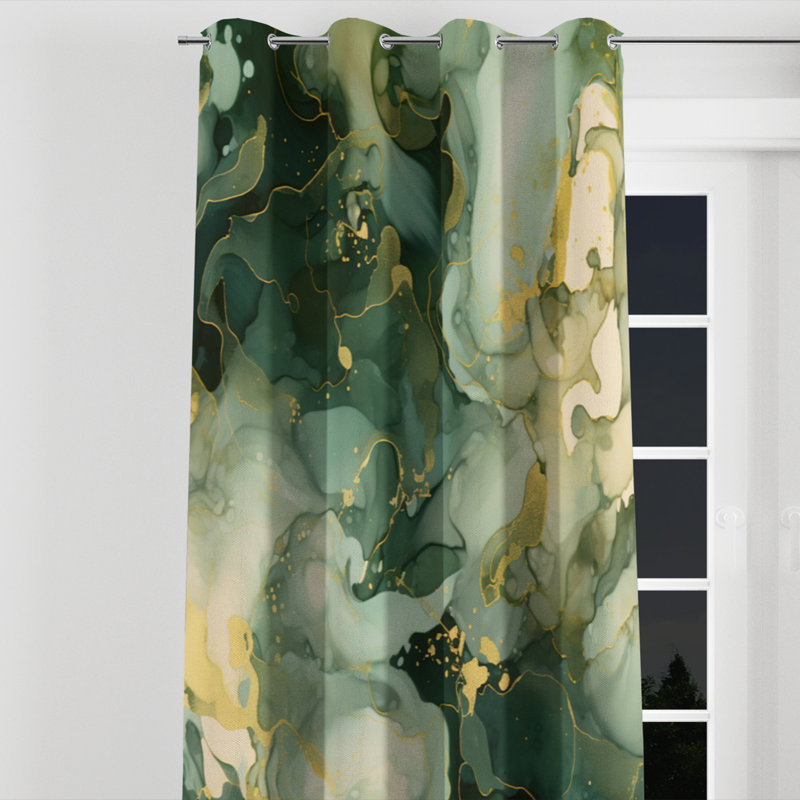 «Green Luxury Abstract Fluid Art I» - Rideau à œillets occultant moderne - 1 panneau, l 52" x L 84", Œillets argentés