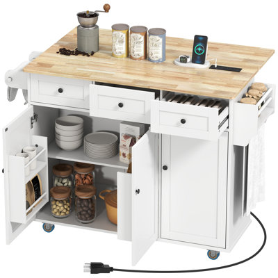 Rolling Kitchen Island with Charging Station and Drop Leaf, 53" Island Table with Wood Top, 3 Drawers, Adjustable Shelf, Spice & Towel Rack, Kitchen Cart on Wheels