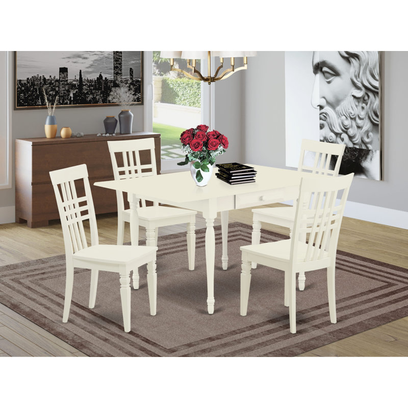 Ensemble de mobilier de salle à manger 5 pièces comprenant une table de salle à manger rectangulaire avec Dropleaf et 4 chaises en bois, lin blanc
