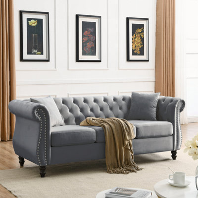 80" Chesterfield Sofa Velvet 3 Seater Sofa Tufted Couch With Rolled Arms And Nailhead