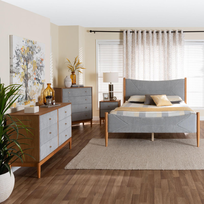Ensemble de chambre à coucher grand lit en velours côtelé gris et chêne brun Mid-Century Taylin