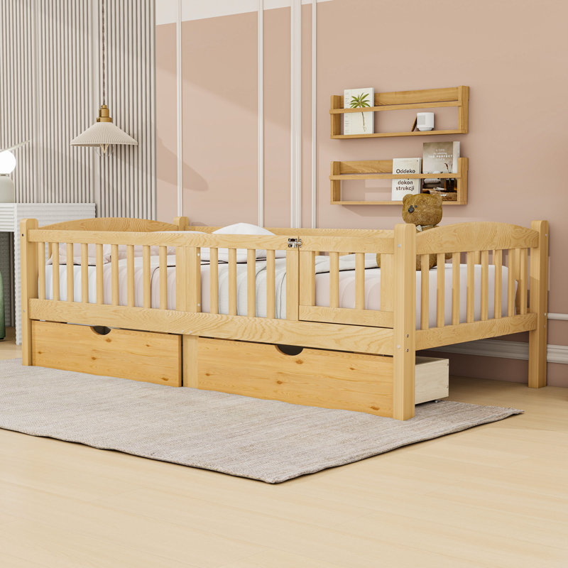 Lit plateforme en bois avec 2 tiroirs et garde-corps, Très grand simple, Naturel