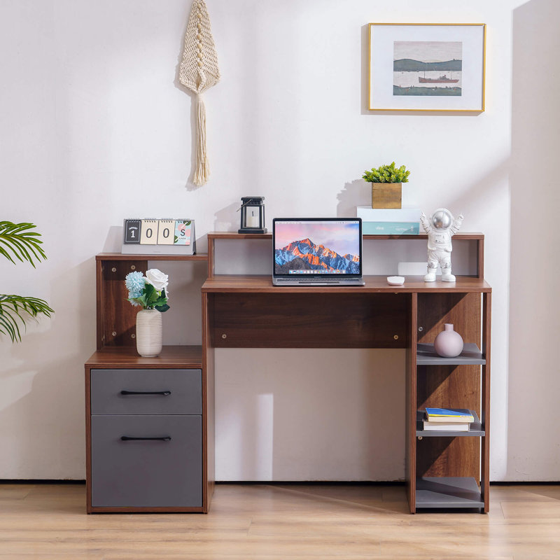 Modern Computer Desk with Storage Drawers and Shelf, Brown/Black