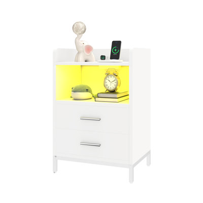Metro Lane Bedside Table With Charging Station,2-Drawer Bedside Cabinet