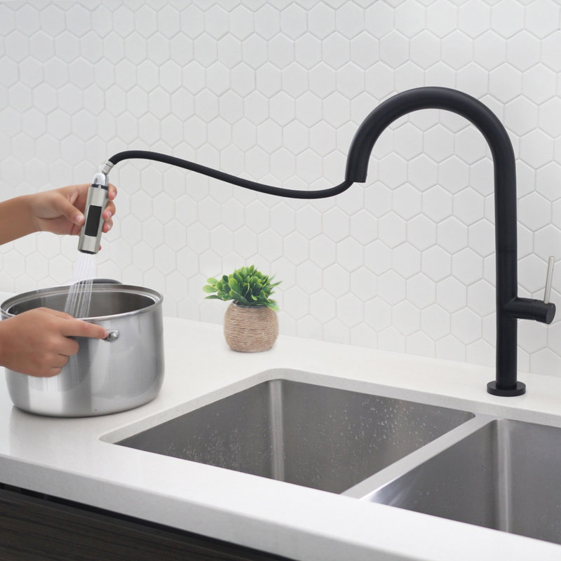 Catania Modern Single Handle Kitchen Faucet, Noir mat/nickel brossé