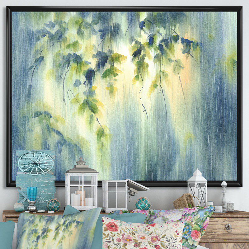 «RaIn Falling Down in Green Lit Forest II», reproduction d'art sur toile, H 12 po x l 20 po x P 1 po, Toile avec cadre noir