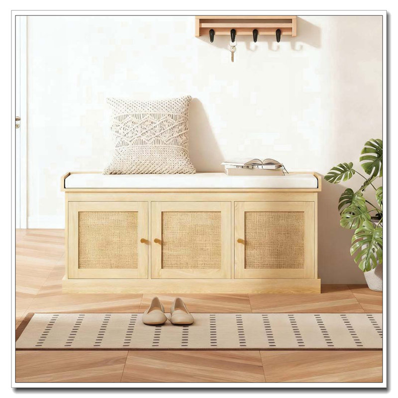 Banc de rangement pour chaussures avec portes en rotin tissé, banc de chaussures avec coussin, Chêne / Blanc