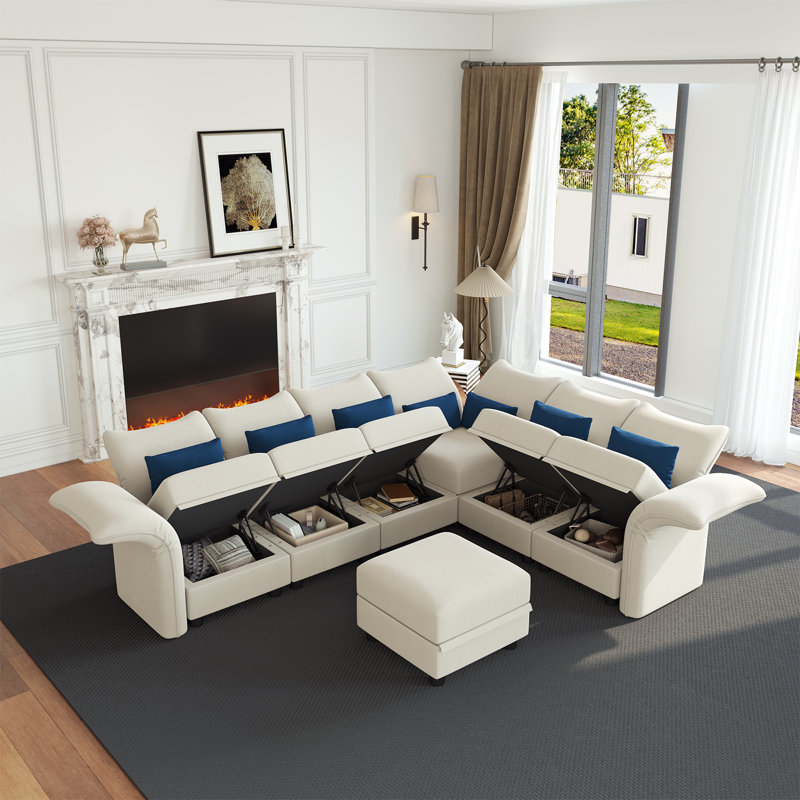 Canapé modulaire à méridienne rembourré 7 pièces Ahren, Velours beige