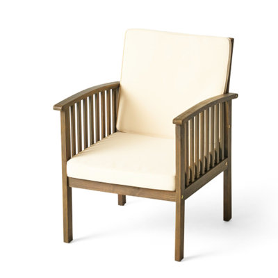 Extérieur de 4 chaises club en bois, sièges confortables, finition grise, coussins crème pour le patio et le jardin - chaises robustes 4, coussins d'eau, sièges de balcon de jardin