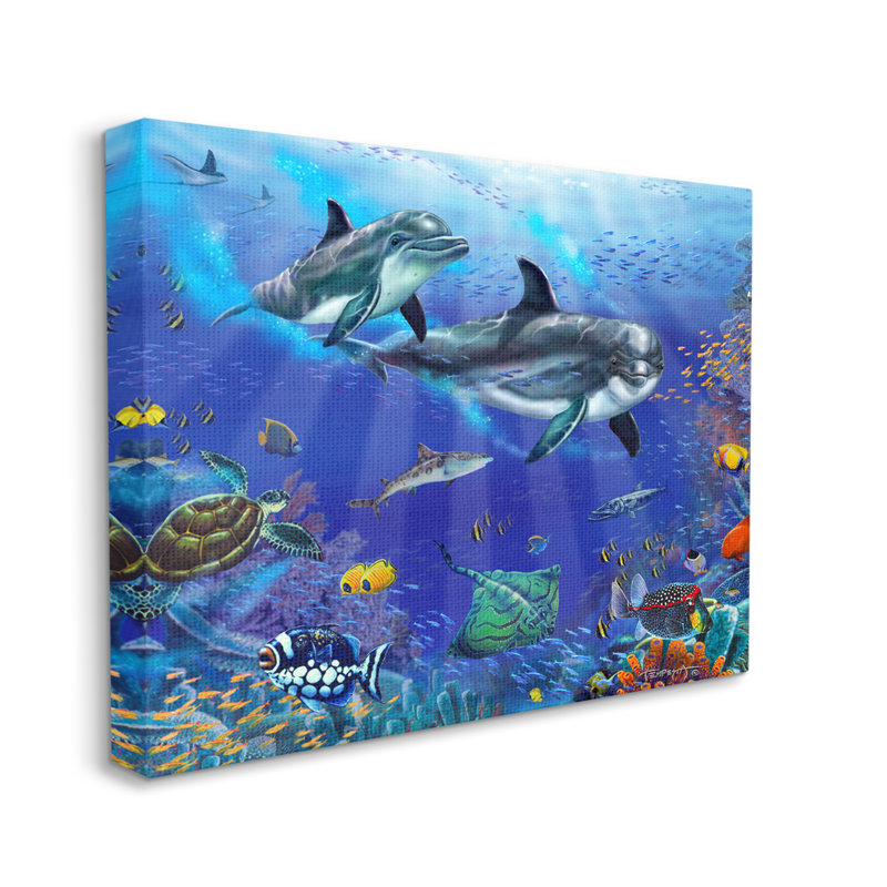 «Au-485», toile «Sea Life Scène Dauphins sur toile» par Interlitho, peinture, H 16 po x l 20 po x P 1,5 po