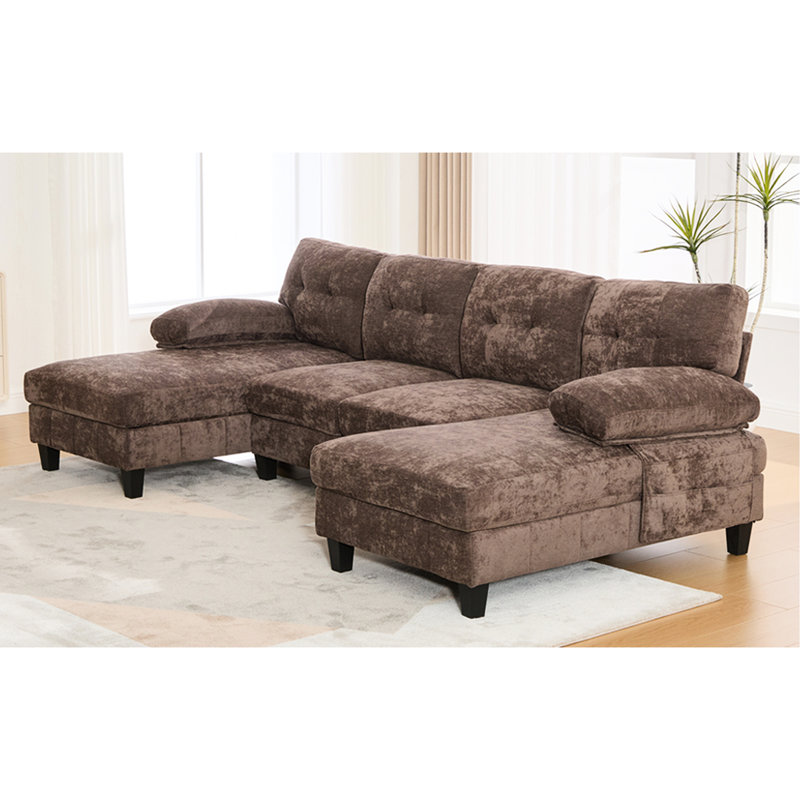 103.5" U-Shaped Chenille Fabric Sectional With Dual Chaise Lounges, Storage Pockets And Soft Armrest Pillows, Suitable For A Stress - Home Brown Couch Two Side Great Relaxed Gathering