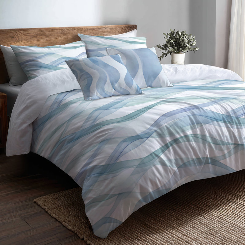 Ensemble d'édredon abstrait 6 pièces - Sauge bleue avec taies décoratives et coussins décoratifs Coastal Wavy Line