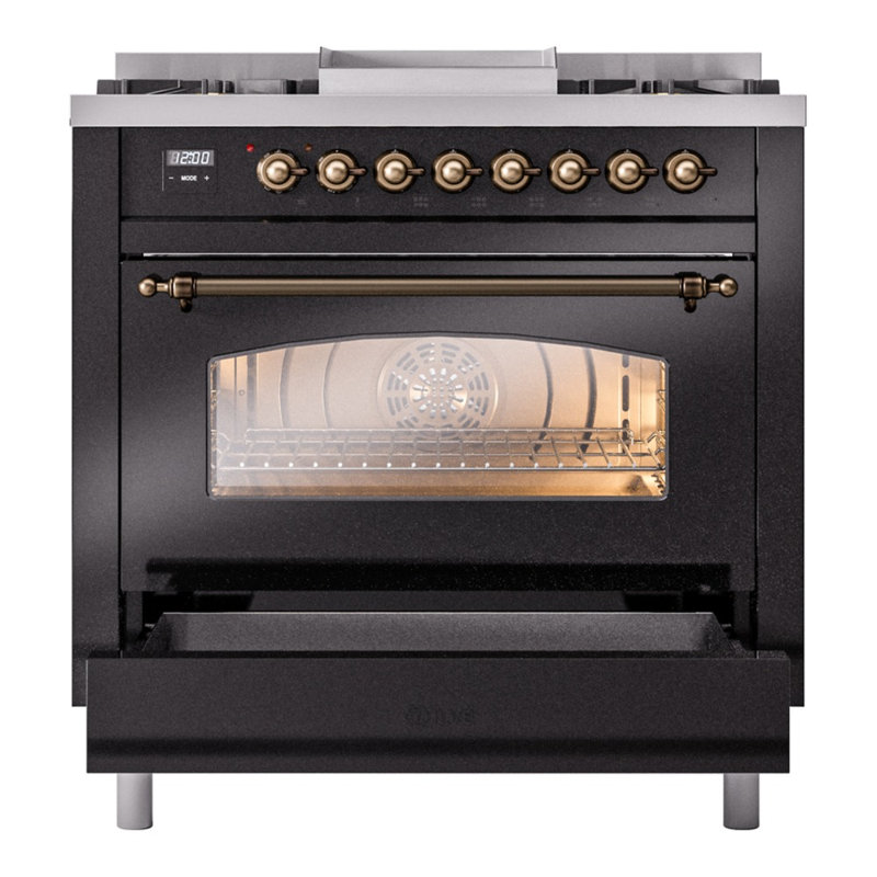 Cuisinière à double combustible ILVE Nostalgie II Series 36 po avec 6 brûleurs scellés et plaque de cuisson (gaz naturel, porte vitrée)