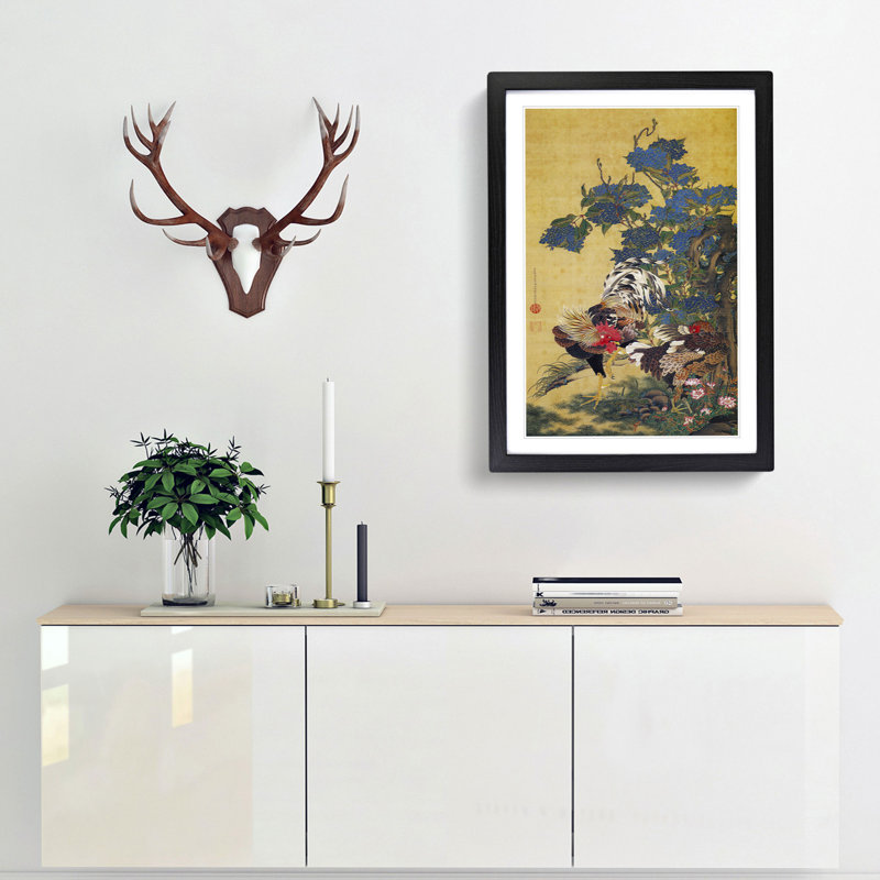 Two Roosters by Ito Jakuchu - Picture Frame Painting Print, 36cm H x 27cm W x 2cm D, Black Framed