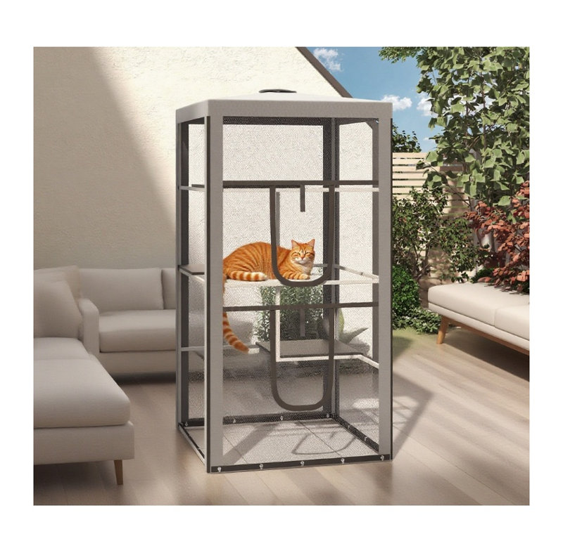 Grand enclos extérieur pour chat avec cadre en acier et panneaux grillagés, gris