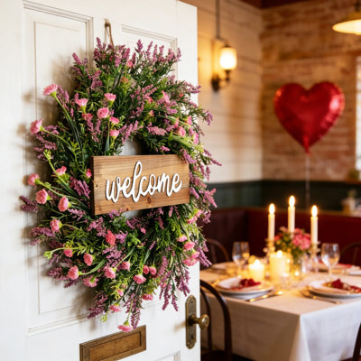 Couronne florale de printemps artificielle de 20 pouces avec panneau de bienvenue en bois, couronne de porte d'entrée de ferme pour décoration murale de porche intérieur et extérieur couvert