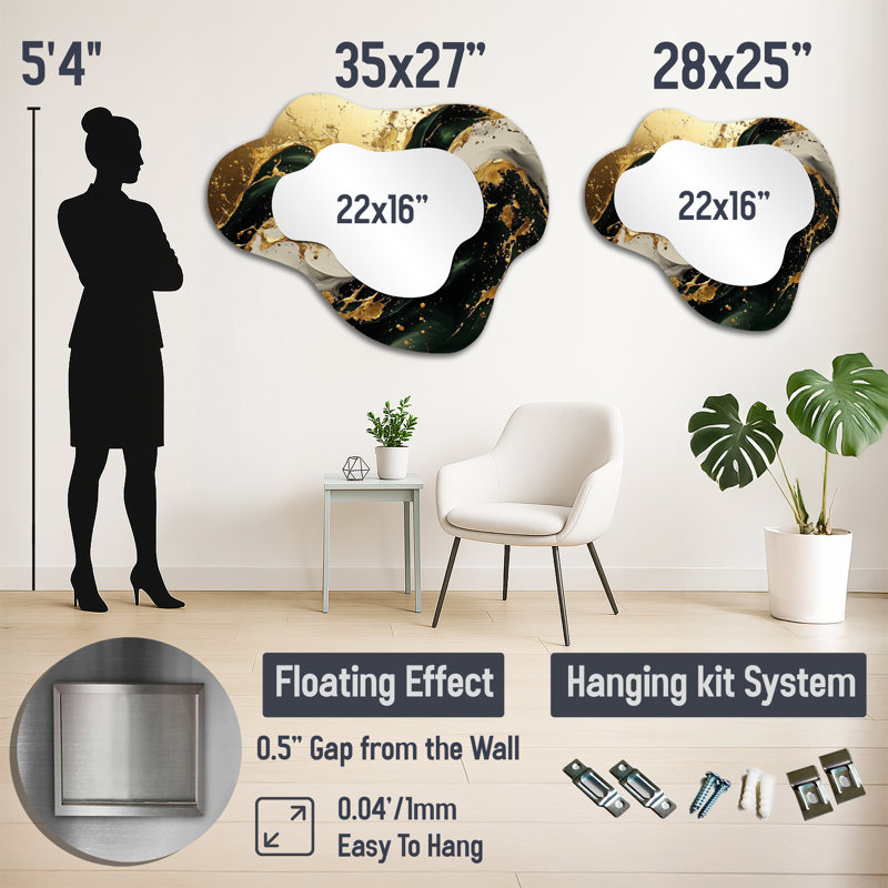 Golden Sands Of Emerald Marble Shadows I - Marble Asymmetrical Decorative Mirror, Modern irregular Wall Mirror, Printed on Metal