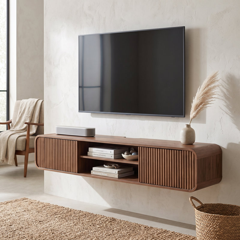 Meuble télé mural de 63 pouces avec panneaux cannelés et rangement ouvert, Noyer