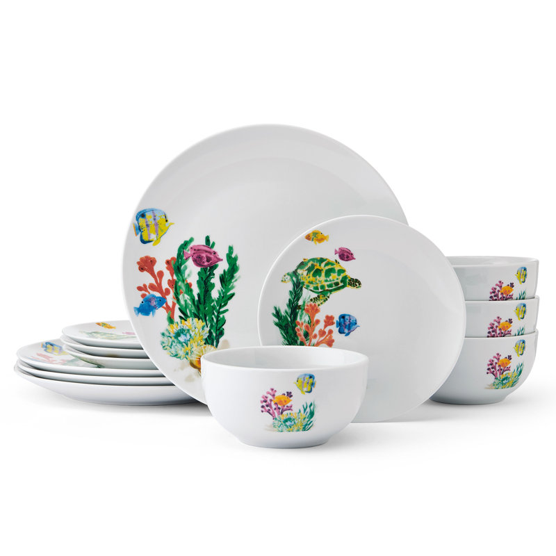 Studio Nova Underwater Life 12-Piece Porcelain Dinnerware Set, Service For 4