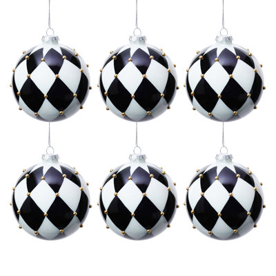 Boules de Noël en verre à motif arlequin noir et blanc, ensemble de 6