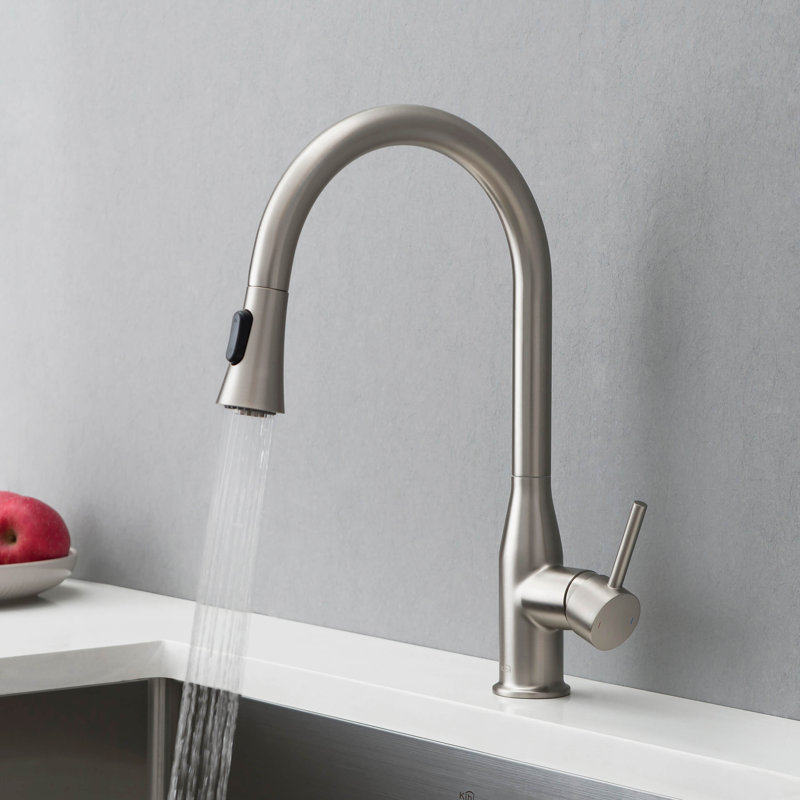 Robinet de cuisine à poignée simple avec accessoires Napa KIBI, Nickel brossé, Avec distributeur de savon