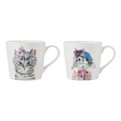 Mikasa TipperleyHill Fine China Mugs, Cat and Rabbit Print, Set of 2, 380ml