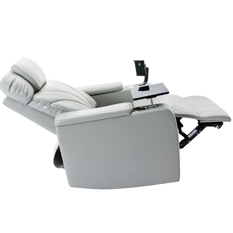 Leaon Faux Leather Power Reclining Home Theater Seat with Cup Holder, Light Gray Faux Leather