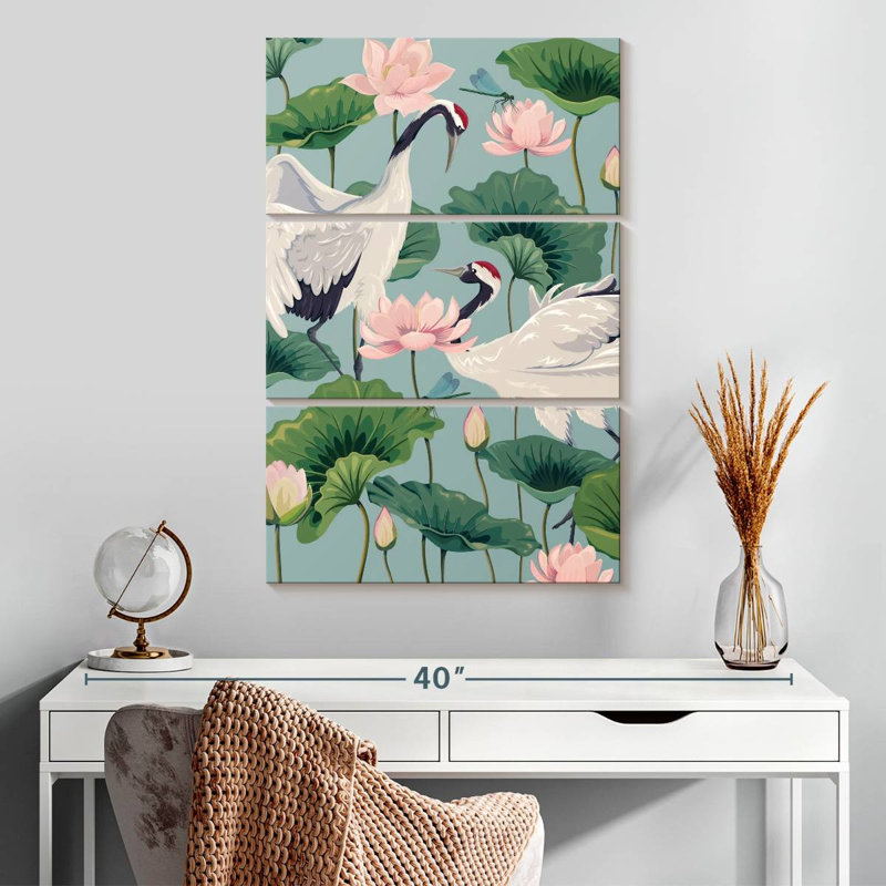 Brampt Cranes And Lotuses, 32" H x 20" W