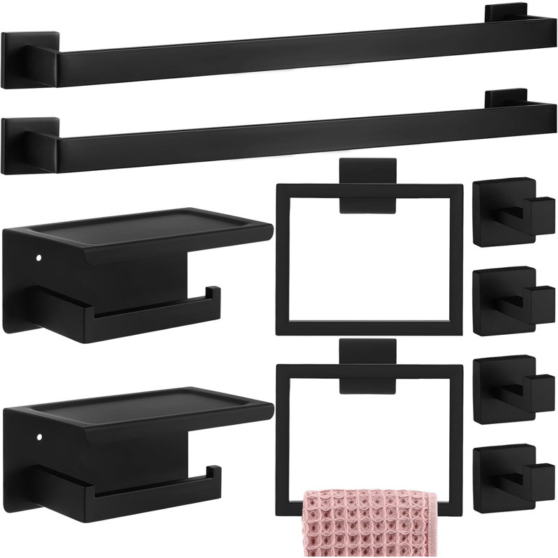 Stainless Steel Bathroom Hardware Set With Towel Bar, Towel Ring, Toilet Paper Holder, Robe Hooks, And Phone Shelf - Wall Mounted Bath Accessories Kit