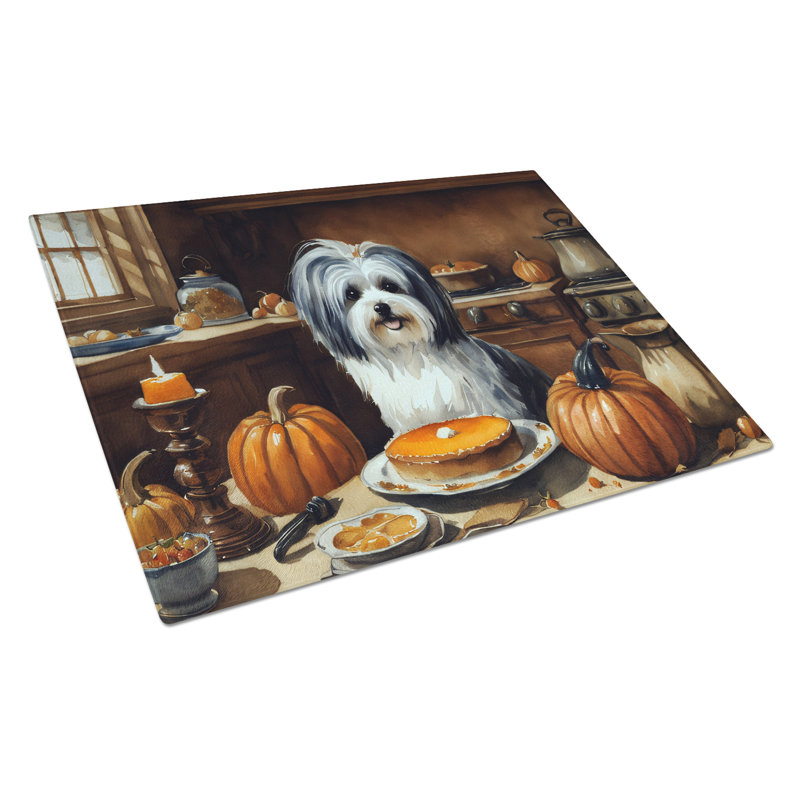 Havanese Fall Kitchen Pumpkins Glass Cutting Board Large