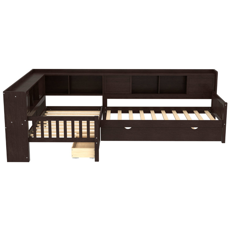 Lit plateforme en L avec lit gigogne, tiroirs de rangement et tablettes, Espresso