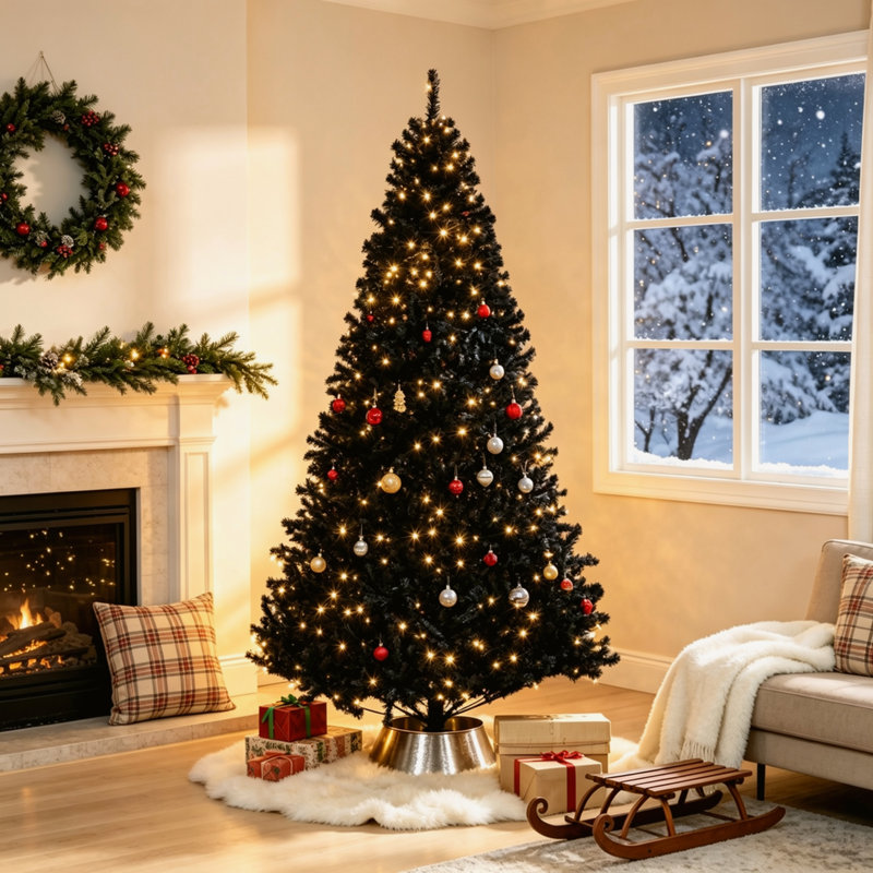 Sapin de Noël artificiel Douglas de 2,3 m (7,5 pi) préilluminé, 1346 branches, 500 lumières DEL blanc chaud, noir