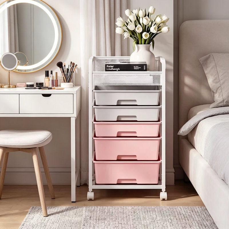 Organizing Storage: Multi-tiered Storage Racks, Movable Drawer-style Racks With Wheels, Versatile Bedroom Storage Cabinets.