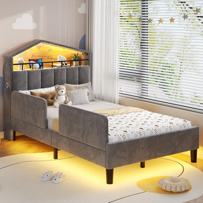 Twin Size Bed Frame with LED Lights, Velvet Upholstered Platform Bed with Safety Guardrail, Headboard with Charging Station and Hidden Storage, Gray