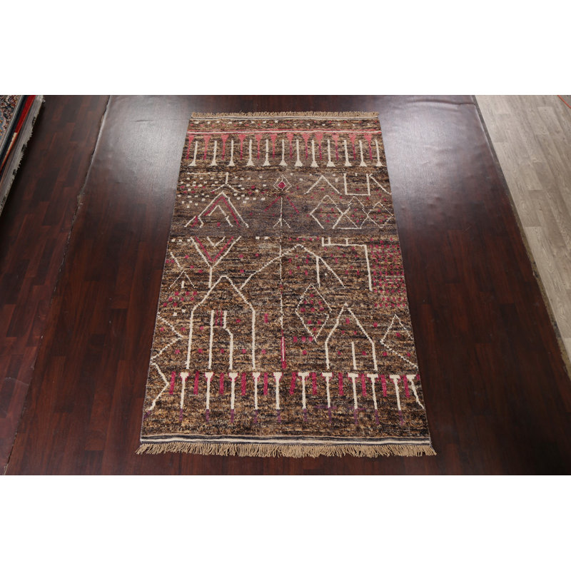 Tapis brun en laine noué à la main de conception unique 6 pi 1 po x 10 pi 1 po marocain