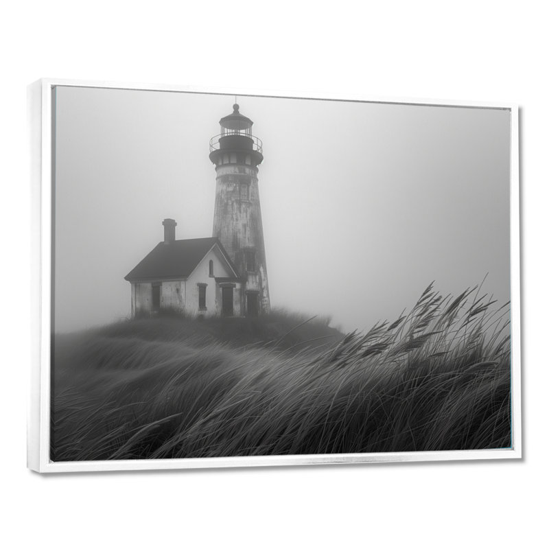 Phare monochrome brouillard d'hiver, falaise I - art mural de salon phares, H 16 po x l 32 po, Cadre flottant blanc