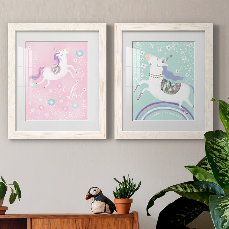 «Love Unicorn», ensemble de 2 impressions, H 20 po x l 17 po x P 1 po, Papier encadré blanc, Blanc