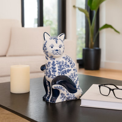 Decorative Chinoiserie Cat Sculpture Figurine for Home Decor - Modern Animal Ceramic Object for Decorations, Office, Table, or Living Room Statue
