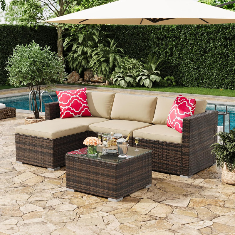 5-Piece PE Rattan Outdoor Sectional with Ottoman & Glass Table, Brown/Khaki, Brown, Ivory