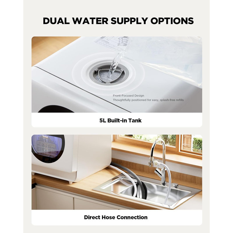 Réservoir d'eau intégré et lave-vaisselle portatif à double alimentation | Contrôle intelligent de l'application, nettoyage à trois jets | Comptoir compact pour dortoir, appartement, véhicule récréatif