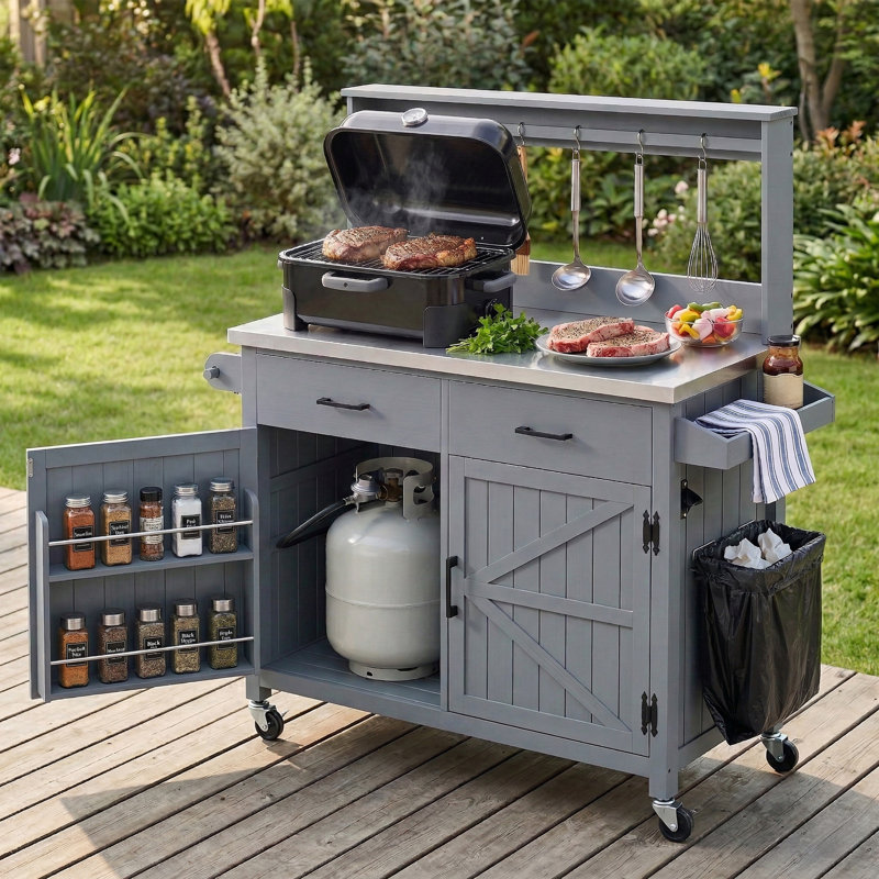 54.1" Outdoor Kitchen Island With High Shelf, Large Outdoor Potting Bench Table With Stainless Steel Top And Storage Cabinet, Solid Wood Grill Cart With Lockable Wheels For BBQ, Garden, Grey Blue