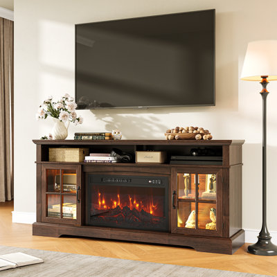 Farmhouse Fireplace TV Stand, Entertainment Center With Adjustable Shelves & Glass Doors, Tv Console With Cable Holes