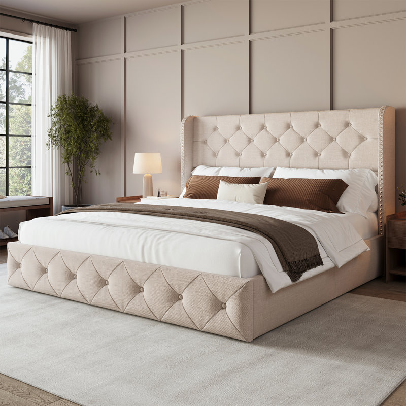 Queen Upholstered Platform Bed with Storage Drawers, Tufted Bed Frame with Wingback&Headboard, Beige, Beige, Queen