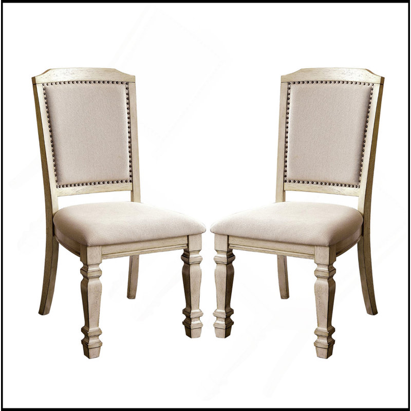 Ensemble de 2 chaises de salle à manger rembourrées en tissu blanc antique et ivoire