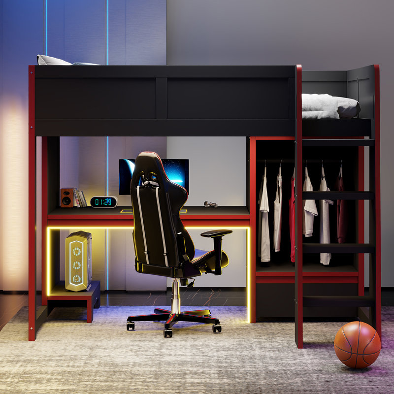 Lit mezzanine en bois avec bureau intégré, lumières DEL et rangement, Simple