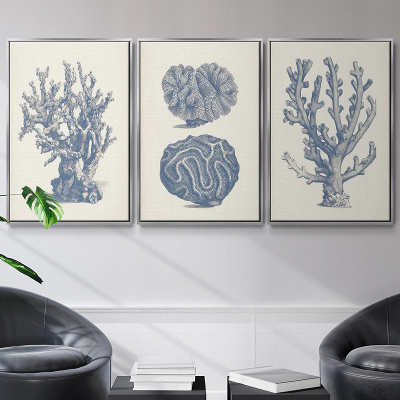 Antique Coral Collection II, ensemble de 3 toiles tendues avec châssis de qualité supérieure, Argent, H 40 po x l 78 po