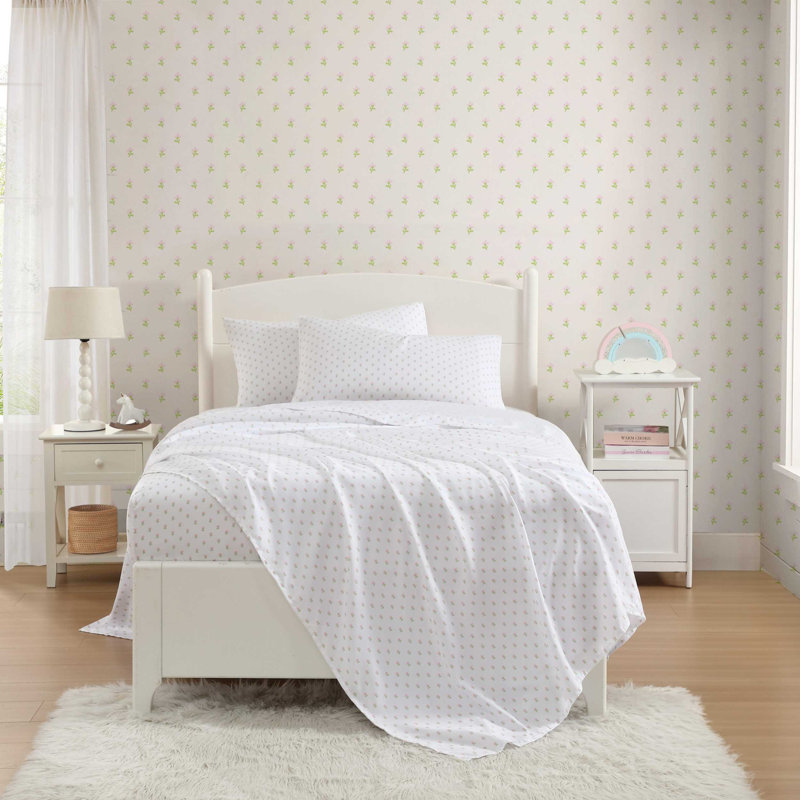 Laura Ashley Kids Cozy Printed Sheet Sets, Queen Sheet Set with 2 Pillowcases, Wood Violet Green